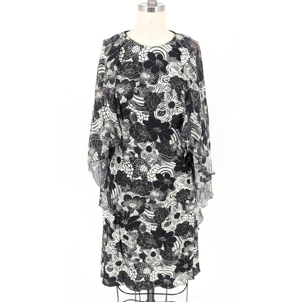 Giamba Paris Floral Cape Dress Black White 46/L party cocktail preppy hippie